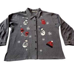 Capacity sz 2X Snowman Holiday Button Up Fleece Sweater Grey w/ Appliqués